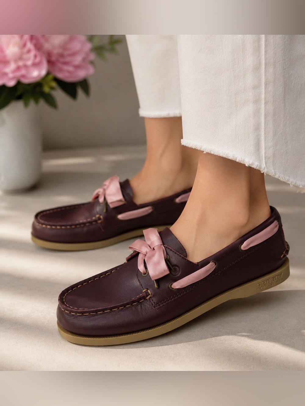 Sperry Women’s Leather Loafers Burgundy/Pink Bow Lace-Up Comfort US 6M EU 38